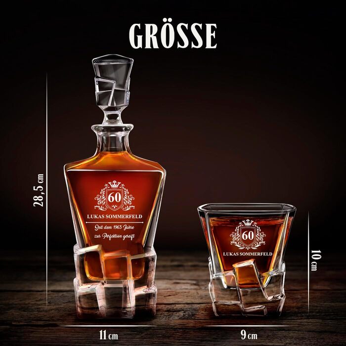 Мавертон Карафа для віскі 950 мл + Набір з 6 склянок для віскі з гравіюванням - Декантер для віскі - Подарунок на Різдво - Люксовий дизайн - Крісталльне скло - для чоловіків на день народження - Корона