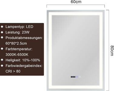 Дзеркало для ванної кімнати Mursche з підсвічуванням LED, 50x70 см, IP44, сенсорний вимикач, годинник, антизапар, регулювання яскравості 3000K-6500K