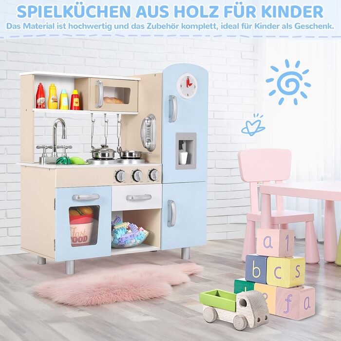 Дерев'яна дитяча кухня Mamizо з аксесуарами, 81x74x30 см, з підсвіткою та звуком, для дітей від 3 років, біло-блакитна