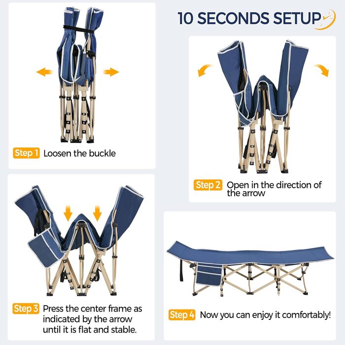 Розкладне кемпінгове ліжко Yaheetech для відпочинку та риболовлі, темно-синє, витримує до 150 кг, з кишенею та сумкою для транспортування