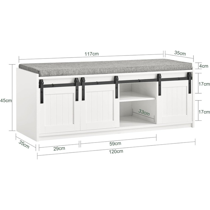 Лавка для взуття SoBuy FSR153-W з дверима для зберігання та розсувними, біла, 120x45x35см