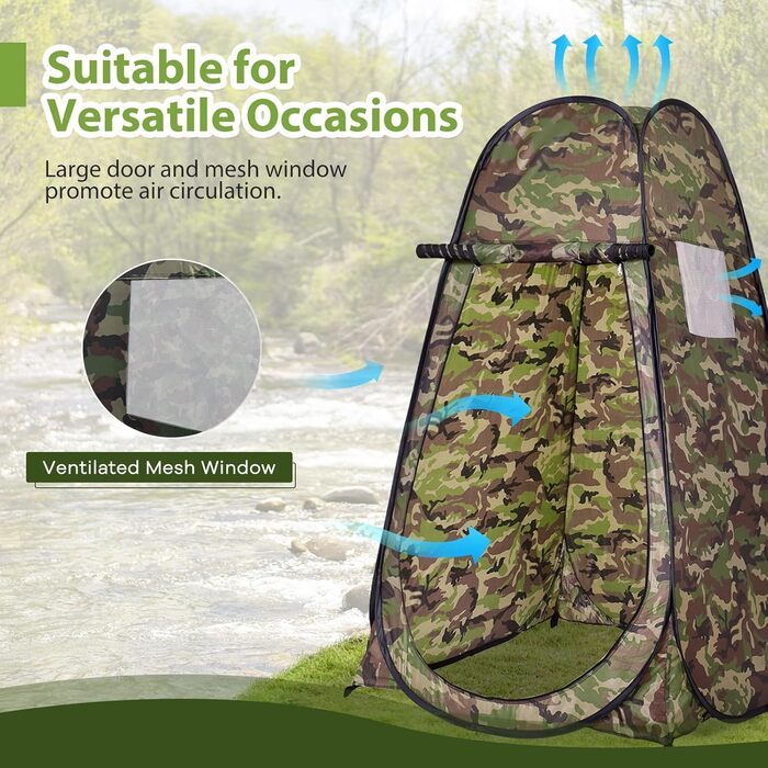Намет для душу HOMASIS з сумкою, портативний переодягальня для кемпінгу, туалетний намет з вікном та кишенею, душова кабіна для відпочинку на природі, 120 x 120 x 190 см, зелений (Flecktarn)