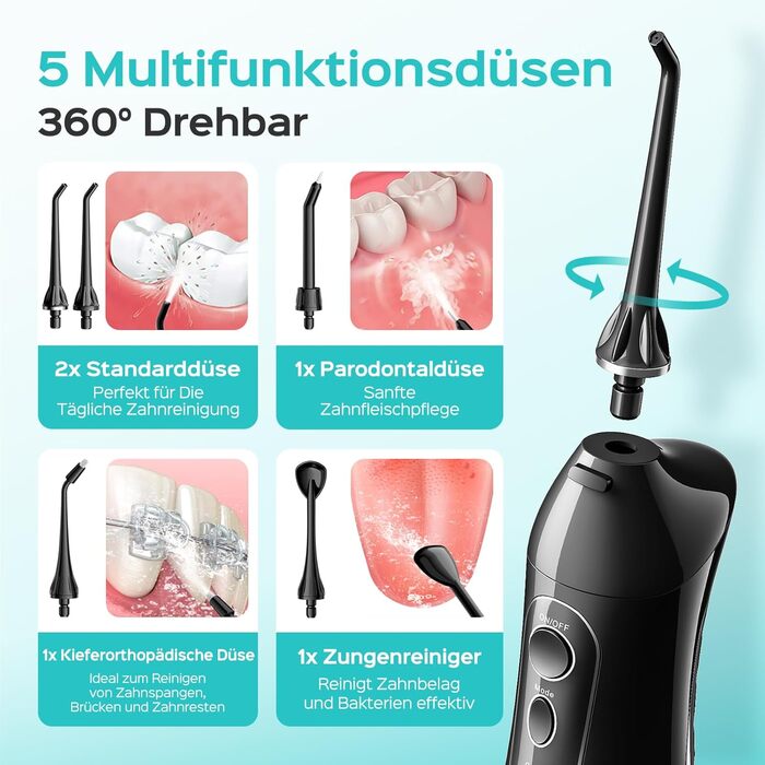 Портативна електрична душова насадка COSLUS: 300 мл, IPX7, 5 насадок, для догляду за порожниною рота, білий (чорний)