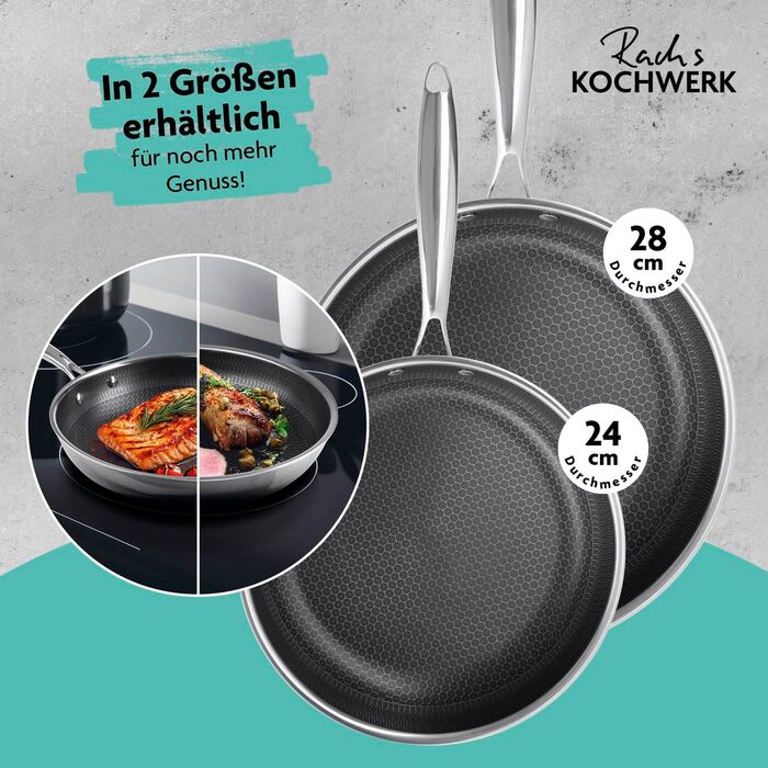 Сковорода Kochwerk Rachs з вафельною структурою ⌀28 см | Сковорода з нержавіючої сталі з антипригарним покриттям та високим бортиком | Підходить для всіх типів плит | Стійка до подряпин та придатна для духовки | З рецептами ⌀28 см