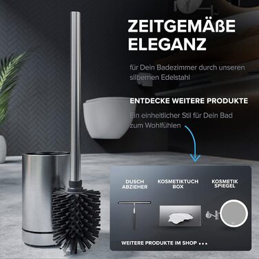 Торцева щітка для унітазу ROMO | Силіконова щітка для унітазу | З вентиляцією | Свободно стояча | Змінний насадок з нержавіючої сталі | Знімна підставка для крапель | Торцева щітка без кріплення до стіни (Без бачка, Срібна)