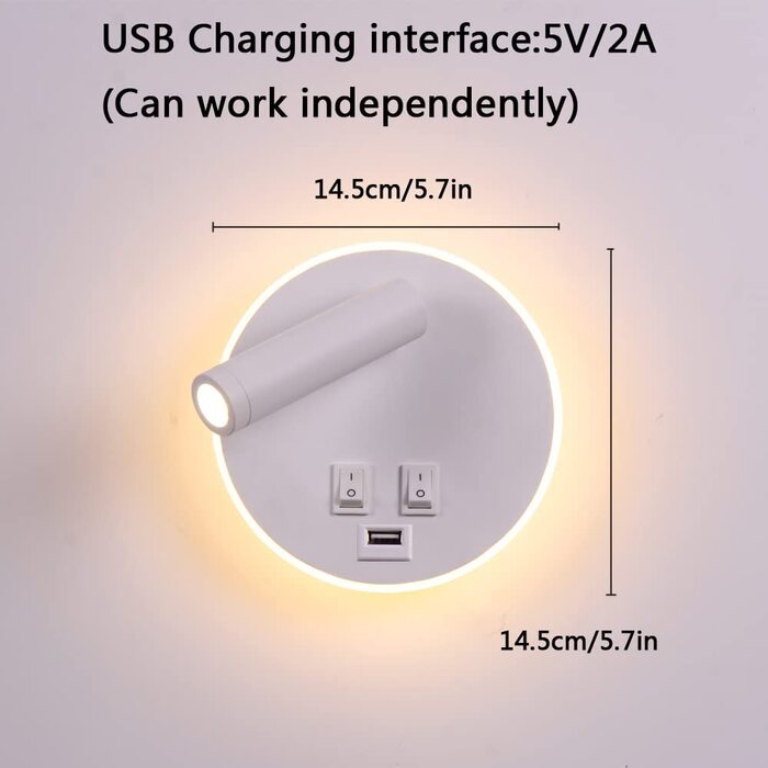 Приліжкова лампа TWSXTE, поворотний настінний світильник для спальні з USB-зарядкою, світильник для читання в спальні, 3000 КБ (3 Вт 10 Вт) (Usb круглого білого кольору)