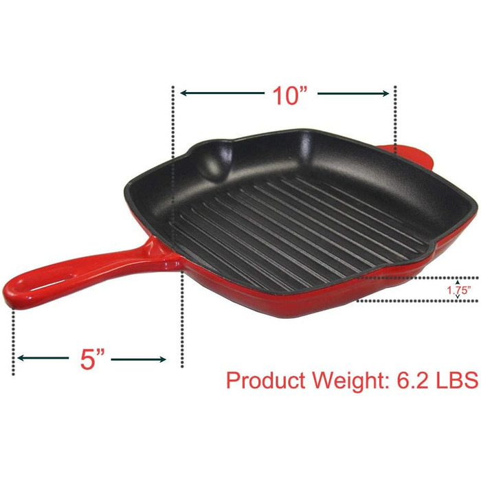 Сковорода-гриль квадратна La Cuisine 25 см з емальованого чавуну, червона емаль зовні, чорна емаль всередині