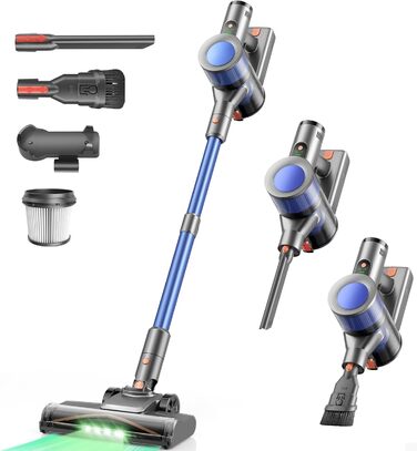 Бездротовий пилосос Dzaki 45000Pa з акумулятором, Smart-дисплеєм, функцією паркування та антизаплутанащістю для килимів, твердих поверхонь, шерсті тварин та авто (блакитно-сірий)