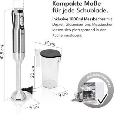 LEBENLANG Преміум Стабілізатор 1200W - Набір для занурювального блендера з 5 аксесуарами та захистом від бризок | Безступінчасте регулювання, Turbo | Електричний блендер, занурювальний міксер з нержавіючої сталі