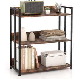 Книжкова шафа з 3 рівнями, стояча полиця з регульованими полицями та металевим каркасом, полиця для зберігання для вітальні, кухні, кабінету, сільський коричневий, 70 x 35 x 81 см