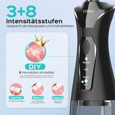 COSLUS Бездротовий електричний іригатор для порожнини рота: 4 режими, портативний, бак 300 мл, з очищувачем язика, для догляду за зубами та подорожей (світло-зелений/світло-чорний)