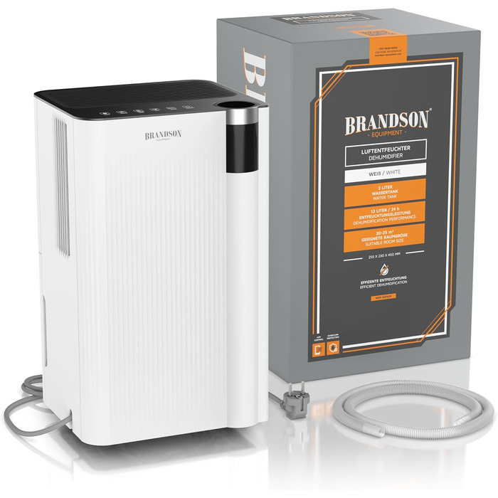 Електричний осушувач повітря Brandson з компресором, 12 літрів, Wi-Fi, з таймером, функцією відтавання, білий