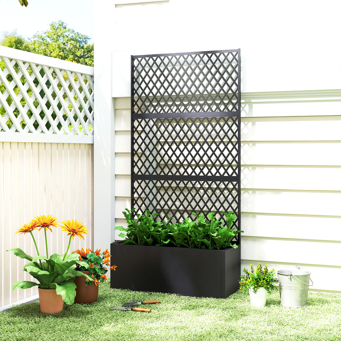 МеталевийRaised Bed with Trellis, Outdoor Planting Box with Diamond Lattice Privacy Screen for Flowers