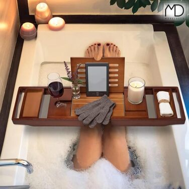 Підставка для ванни ZOLTA - дерев'яна підставка для ванни з тримачем для планшета/книги - підставка для ванни з тримачем для келихів та чашок - для домашнього релаксу - з бамбука, 75-110 x 23 см