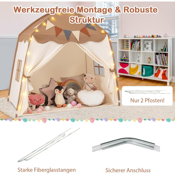 COSTWAY Ігровий будиночок для дітей, намет-палатка з прапорцями та гірляндою, намет принцеси, великий дитячий намет для хлопчиків та дівчаток від 3 років, 157 x 98 x 148 см (Коричневий)