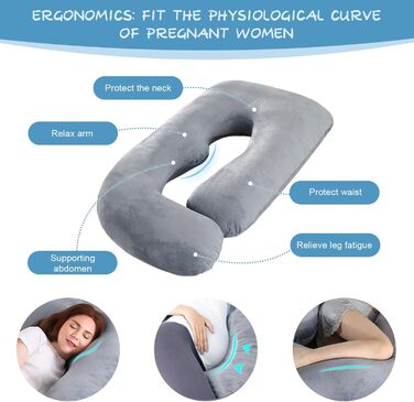 Подушка для вагітних Otauoaea J-подібної форми, подушка для годування XXL, подушка для сну на боці, 145x70 см (світло-сіра)
