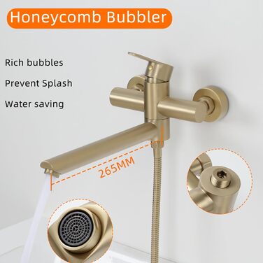 Набір змішувач для ванни PHASAT з витяжною лійкою, чорний, настінний монтаж, PTBB13E (довга лійка, матовий золотий)