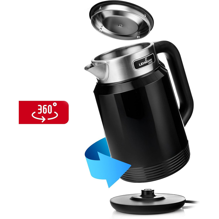 Електричний чайник LEHMANN з нержавіючої сталі 2L, 2200W, швидкий нагрів, подвійні стінки, автовимкнення та захист від перегріву, BPA-free, для великих сімей та офісів, чорний