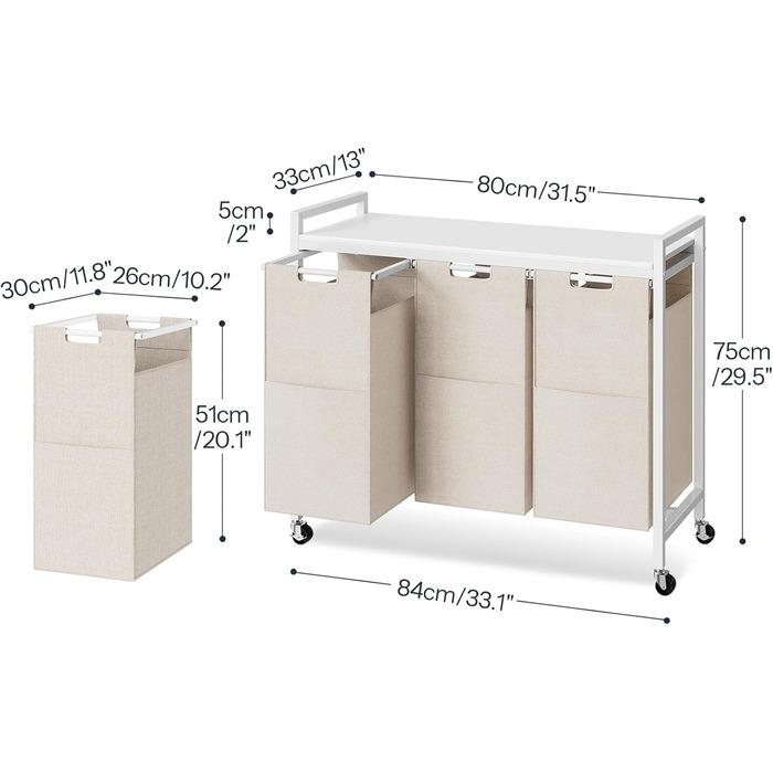 Кошик для білизни HOOBRO з 3 відділеннями, 119 л, білий, на колесах
