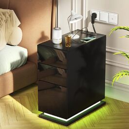 Вузька тумба приліжкова Lvhecforhm з LED-підсвіткою, чорна, з розеткою та USB, 16 режимів підсвітки, глянцева, 50x30x63 см