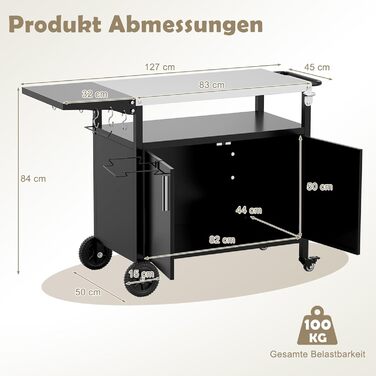 Grillwagen COSTWAY Outdoor: гриль-стіл з нержавіючою сталлю, відкидним бічним столиком, шафкою, 6 гачками та ручкою, до 100 кг, металевий столик для кемпінгу, пікніків, вечірок на відкритому повітрі, 127 x 50 x 84 см