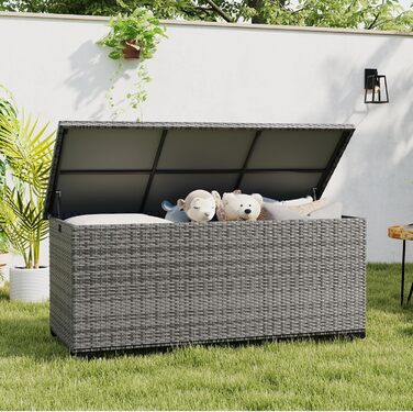 Водонепроникний садовий ящик Amopatio Gartenbox 650л з поліротангу, сірий. Ящик для подушок, металева коробка для зберігання з газліфтами для саду, балкону