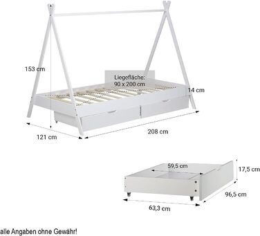 Дитяче ліжко Homestyle4u Tipi 90x200 см з ящиками, біле, з наметом, зірки, з дерева (сосна)