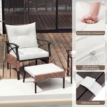 Садовий набір меблів COSTWAY з ротангу, 5 предметів: 2 крісла з подушками, пуф та стіл для балкона, тераси, саду (коричневий + бежевий)