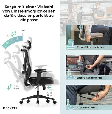 Офісне крісло Backerz Ergonomic - Офісні крісла 150 кг, сертифікація NEN 1335 - Офісний стілець - Стілець - Ергономічне офісне крісло - Комп'ютерне крісло з регулюванням висоти та зручністю для спини - чорний