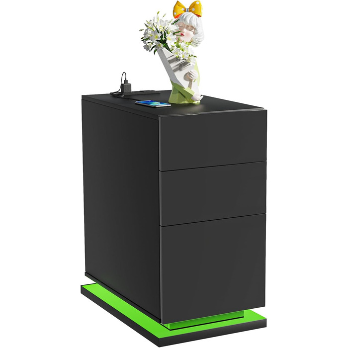 Вузька чорна тумба приліжкова з розеткою, USB, LED-підсвіткою 16 кольорів, 3 шухлядами, 50x30x63 см для спальні, сучасна