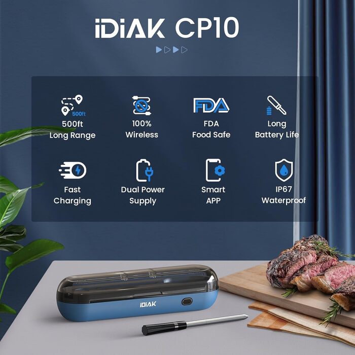 Бездротовий термометр для м'яса для гриля та копчення, 500FT, Bluetooth, для BBQ, духовки, гриля, коптильні, Sous Vide - блакитний