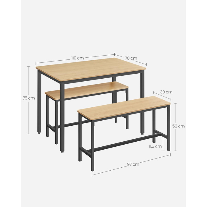 Набір обідніх столів VASAGLE, 3 шт. и, вінтажний коричневий чорнило чорний, стіл 70x110x75 см, 2 лавки 30x97x50 см