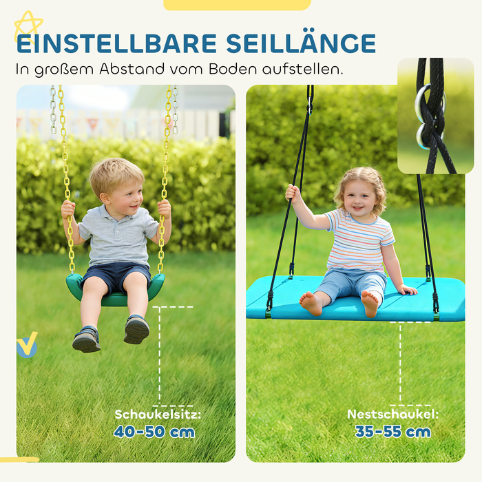 Комплекс для ігор 5-в-1 з регульованою гойдалкою-гніздечком, кільцями для гімнастики, двомісною гойдатю та комплексом для лазіння, призначений для дітей 3-8 років, розміром 440x175x203 см.