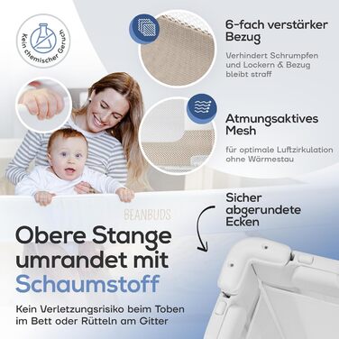 Захисний бортик для ліжка BEANBUDS® 200 см, бежевий - захист від випадання для дитячого та батьківського ліжка, з ременями для кріплення (1 сторона)