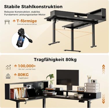 Регульований кутовий стіл Agilestic 160x140 см з LED та вилкою (Чорний)