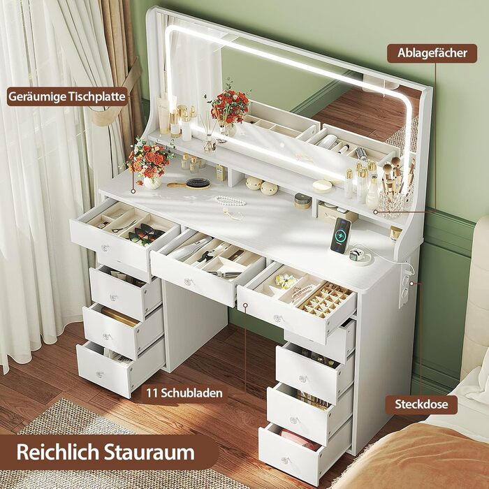 Діплекс туалетний столик з підсвіткою, 110 см, з 11 шухлядами та LED-дзеркалом, білий. Сучасний туалетний столик для спальні та гардеробної