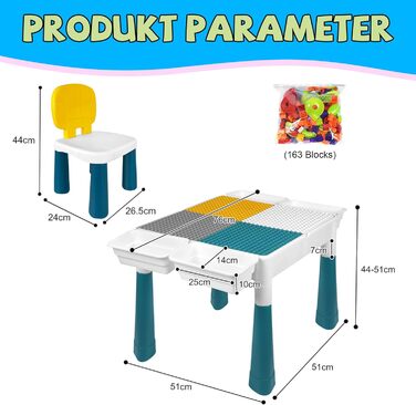 Набір дитячих стільців для столу 6 в 1 двосторонній стіл, 163 будівельних блоку, 2 стільці, пластик (тип А)