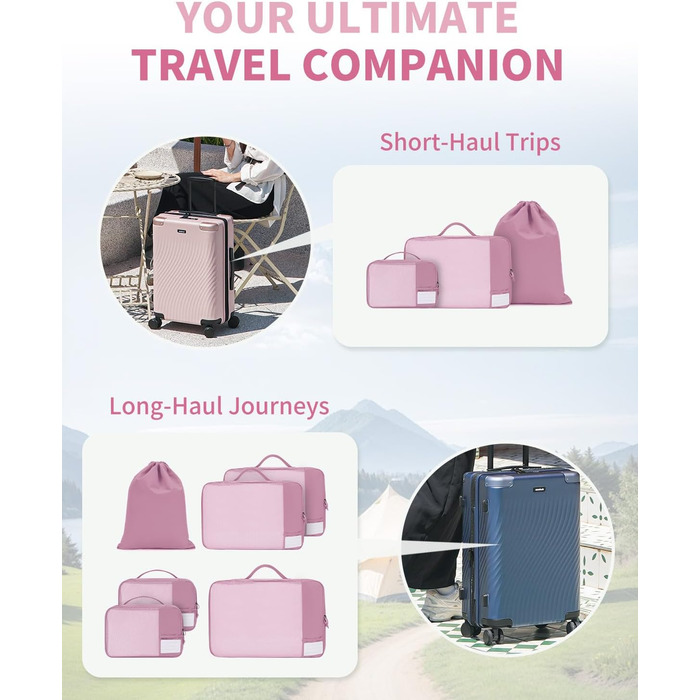 Набір органайзерів для валізи ECOHUB, 6 шт. — Подорожні сумки-кубики з ID-тегами, дихаючі легкі органайзери для одягу та рюкзака з перероблених матеріалів (Темно-рожевий)