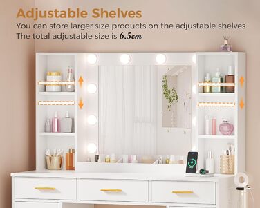 Великий туалетний столик ANWBROAD з регульованою LED-підсвіткою та 11 ящиками. Сучасний туалетний столик з дзеркалом, розетками, 6 відкритими полицями. Комплект з пуфом. Білий колір, 140x110x40 см. Модель BDT86W