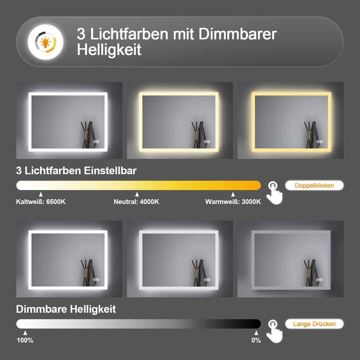 LED дзеркало для ванної кімнати з підсвічуванням 40x60 см, сенсорне керування, 3 кольори світла, IP67, енергозберігаюче A++