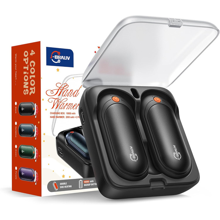 Електричні грілки для рук J-BRAUV 2 шт. з акумулятором 4000mAh, зарядний бокс 10000mAh, 3 режими нагріву, USB, чорний, кишеньковий