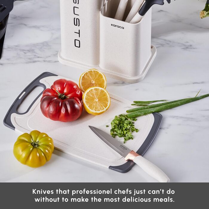 Набір ножів Karaca Gusto 12 предметів з дерев'яною підставкою та кухонними аксесуарами, з нержавіючої сталі, ергономічні ручки, кремовий колір