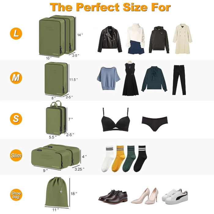Набір органайзерів для валізи 8 шт, дорожні сумки-пакувальники з косметичкою, Army Green