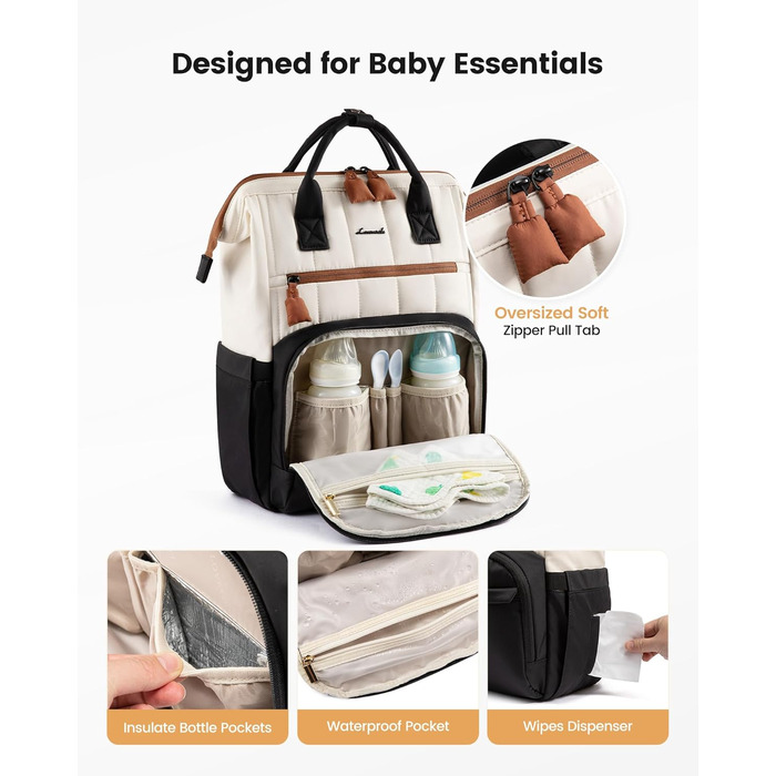 LOVEVOOK Рюкзак-переноска для малюків, рюкзак для пеленання, сумка для підгузків LOVEVOOK, водонепроникна дитяча сумка, органайзер, ремені для дитячої коляски (M, чорно-бежево-коричневий)