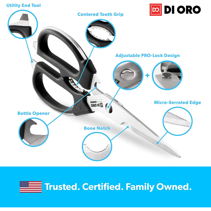 Набір кухонних ножиць DI ORO Professional з нержавіючої сталі - Висока продуктивність для птиці, м'яса, зелені - Багатоцільові та офсетні ножиці - Можна мити в посудомийній машині