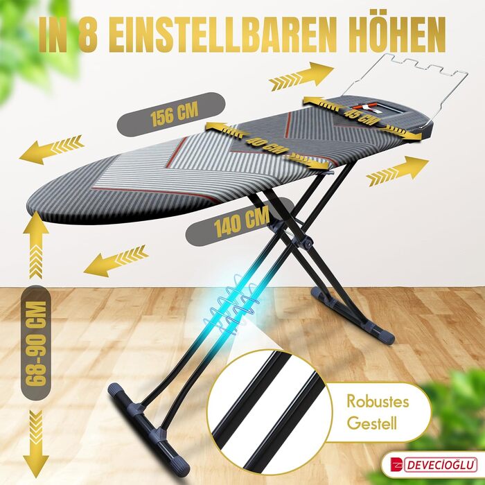 Прасувальна дошка Devecioğlu 50-80см з чохлом 36x114см, для парогенераторів, складна | Прасувальна дошка, підходить як стіл для прасування