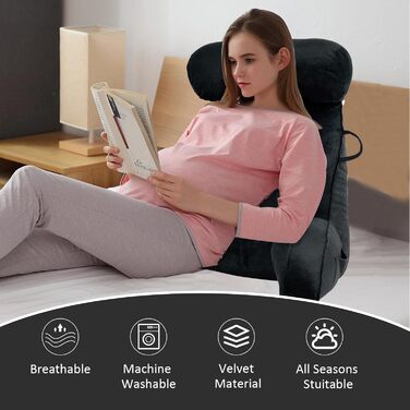 Подушка для читання MINGPINHUIUS XL для ліжка та дивана з знімною подушкою для шиї, ідеальна для дорослих, з піною з пам'яті для комфортного читання, роботи, ігор, перегляду телевізора та відпочинку (Чорний)