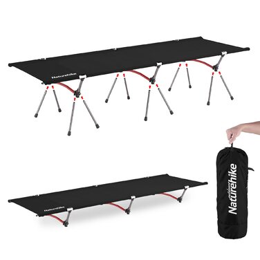 Польове ліжко Naturehike ультралегке складане, витримує до 150 кг, з регулюванням висоти, чорне — для кемпінгу, офісу та гостей