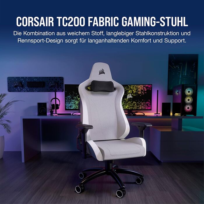 Ігрове крісло Corsair TC200, стандартна посадка, м'який чохол, підтримка попереку, 4D підлокітники, сірий/білий, сталь