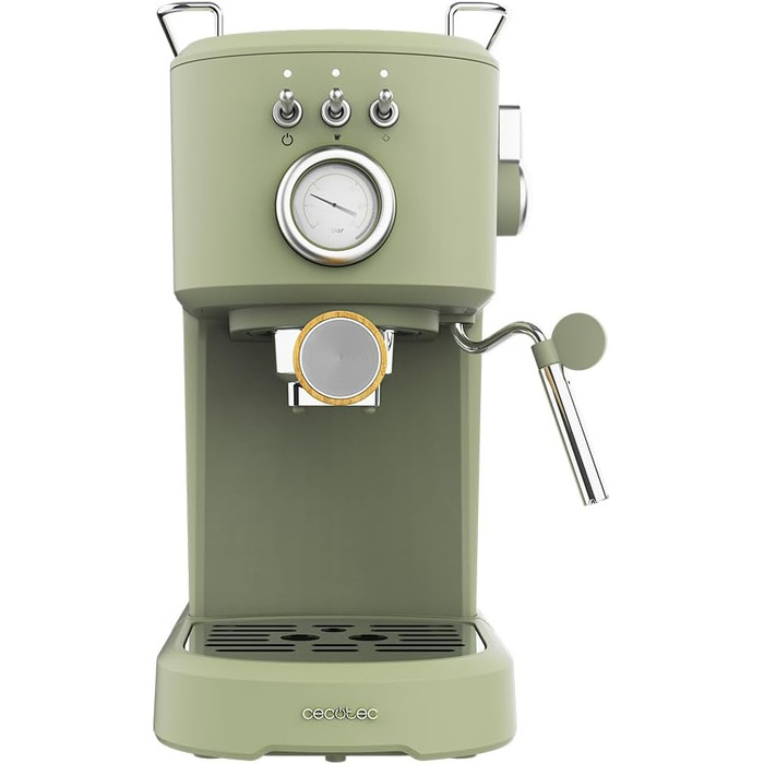 Еспресо-машина Cecotec Compact Power Espresso 20 Retro Green: 1100 Вт, 20 бар, термоблок, капучинатор, манометр